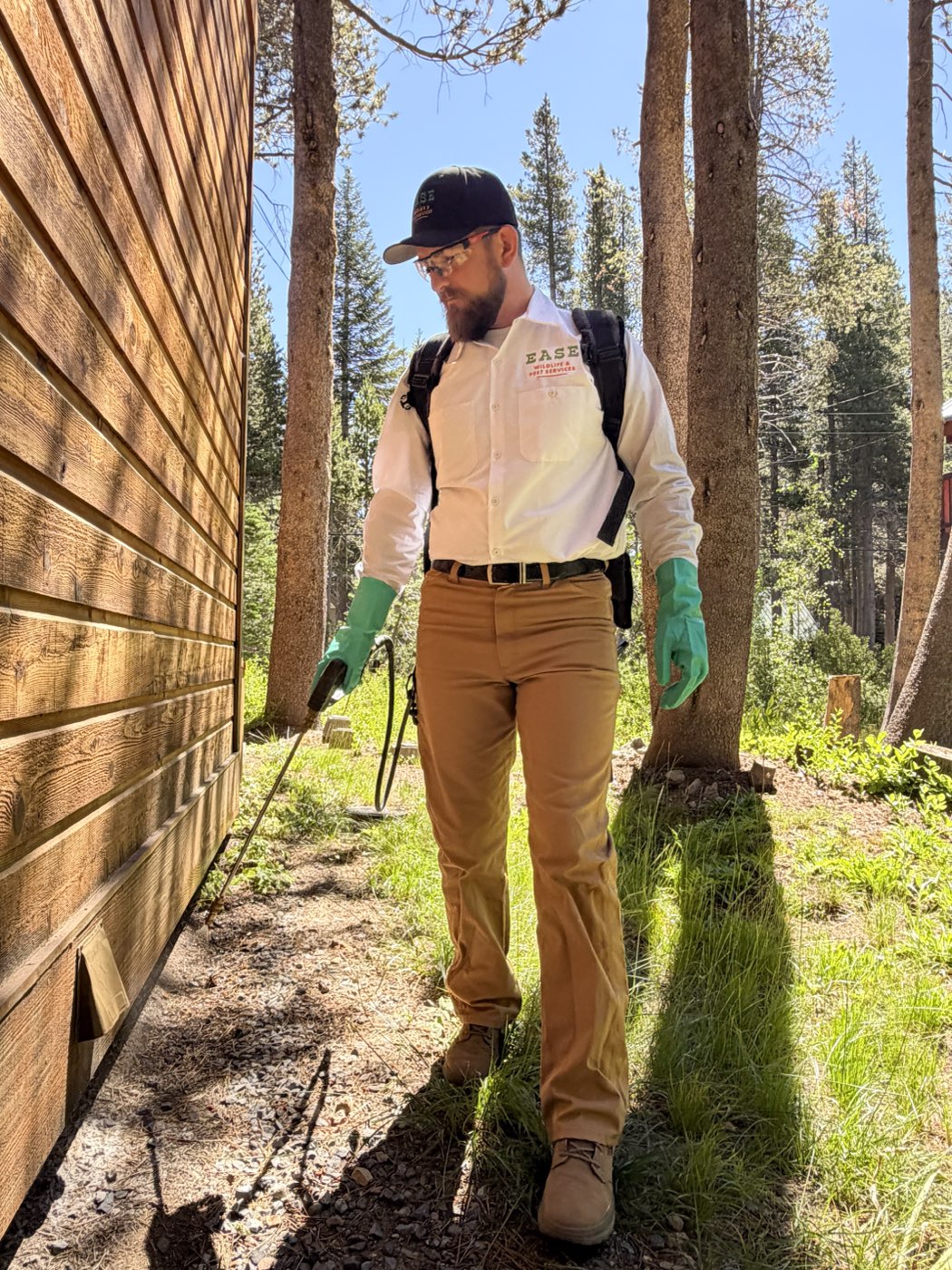 Ease technician applying a perimeter pest treatment with a backpack sprayer